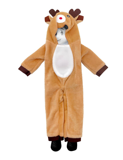 Déguisement renne de Noël pour poupée lutin farceur marron et blanc avec bois et nez rouge