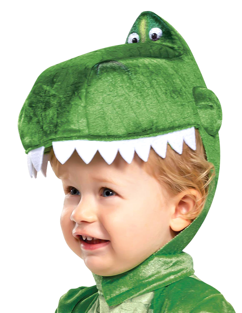 Vue de profil de la capuche du déguisement Rex Toy Story deluxe