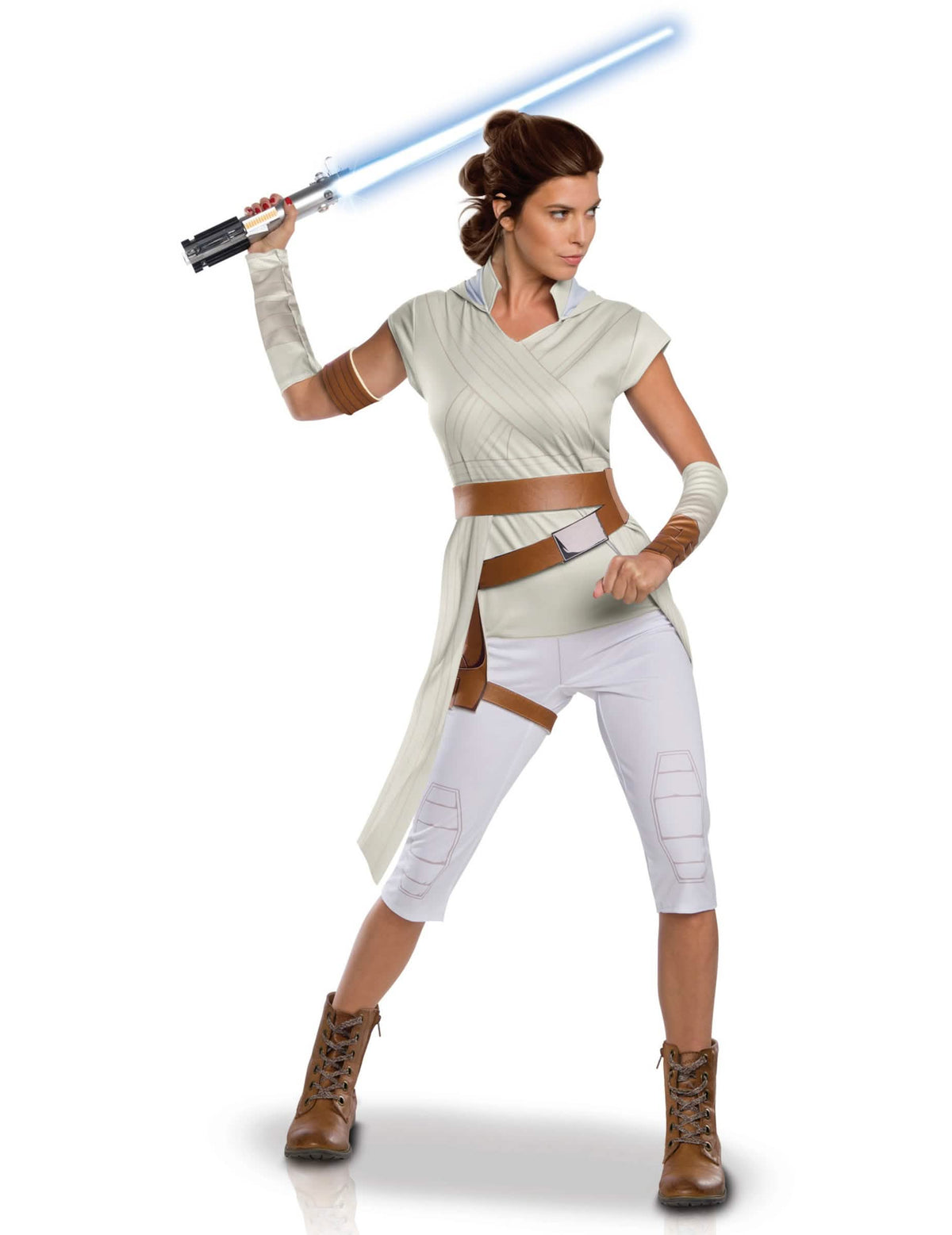 Preobleka Rey Star Wars The Rise of Skywalker za ženska, bež in bela, z modra svetlobnim mečem