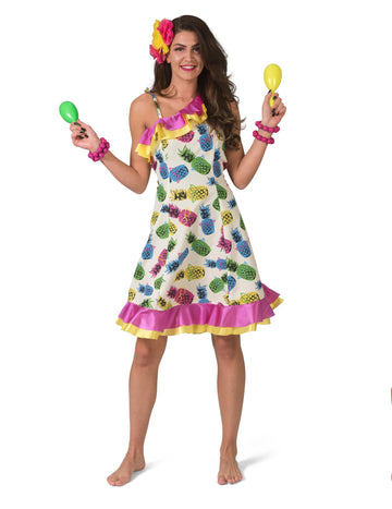 Preobleka v obliki obleke z vzorcem ananasa za ženske, bela in večbarvna, z naborki