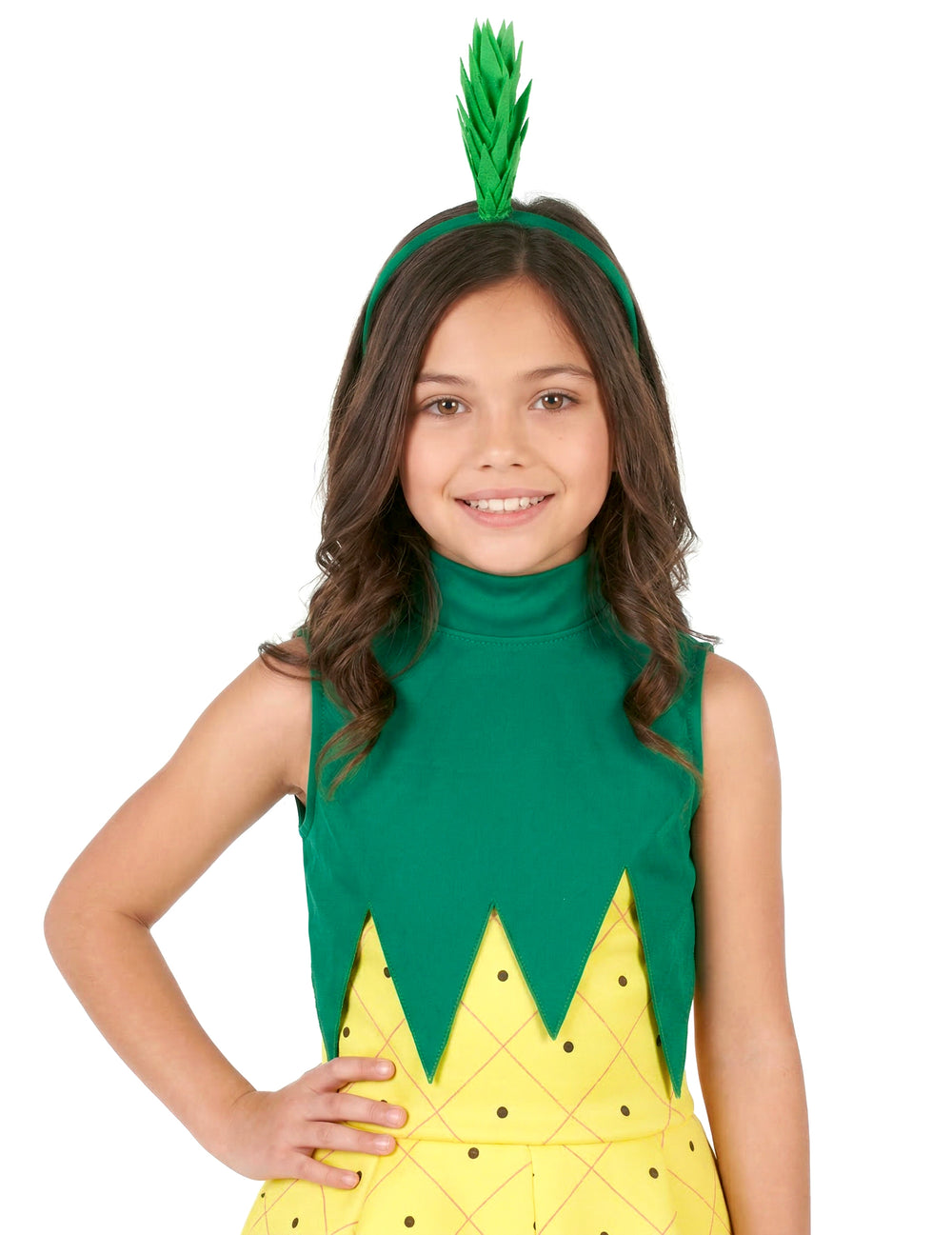 Gros plan sur le haut et le serre-tête du déguisement robe ananas