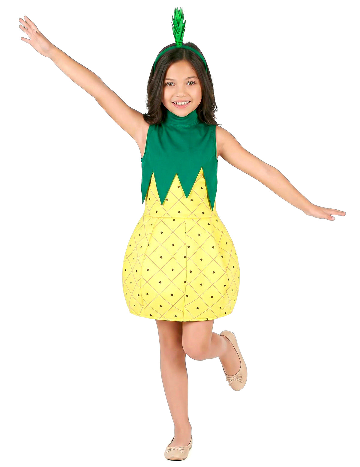 Déguisement robe ananas pour fille jaune et vert avec serre-tête