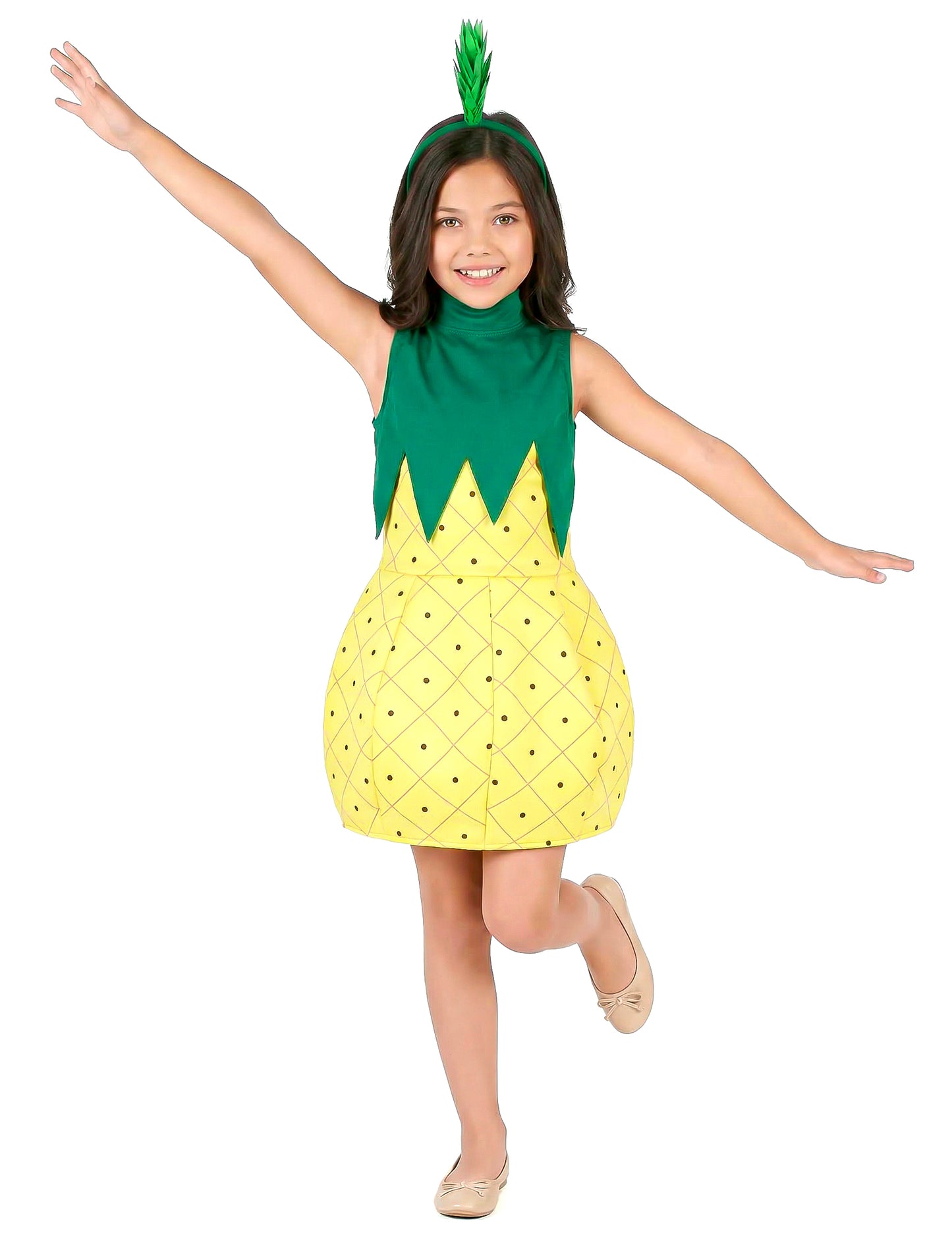 Déguisement robe ananas pour fille jaune et vert avec serre-tête