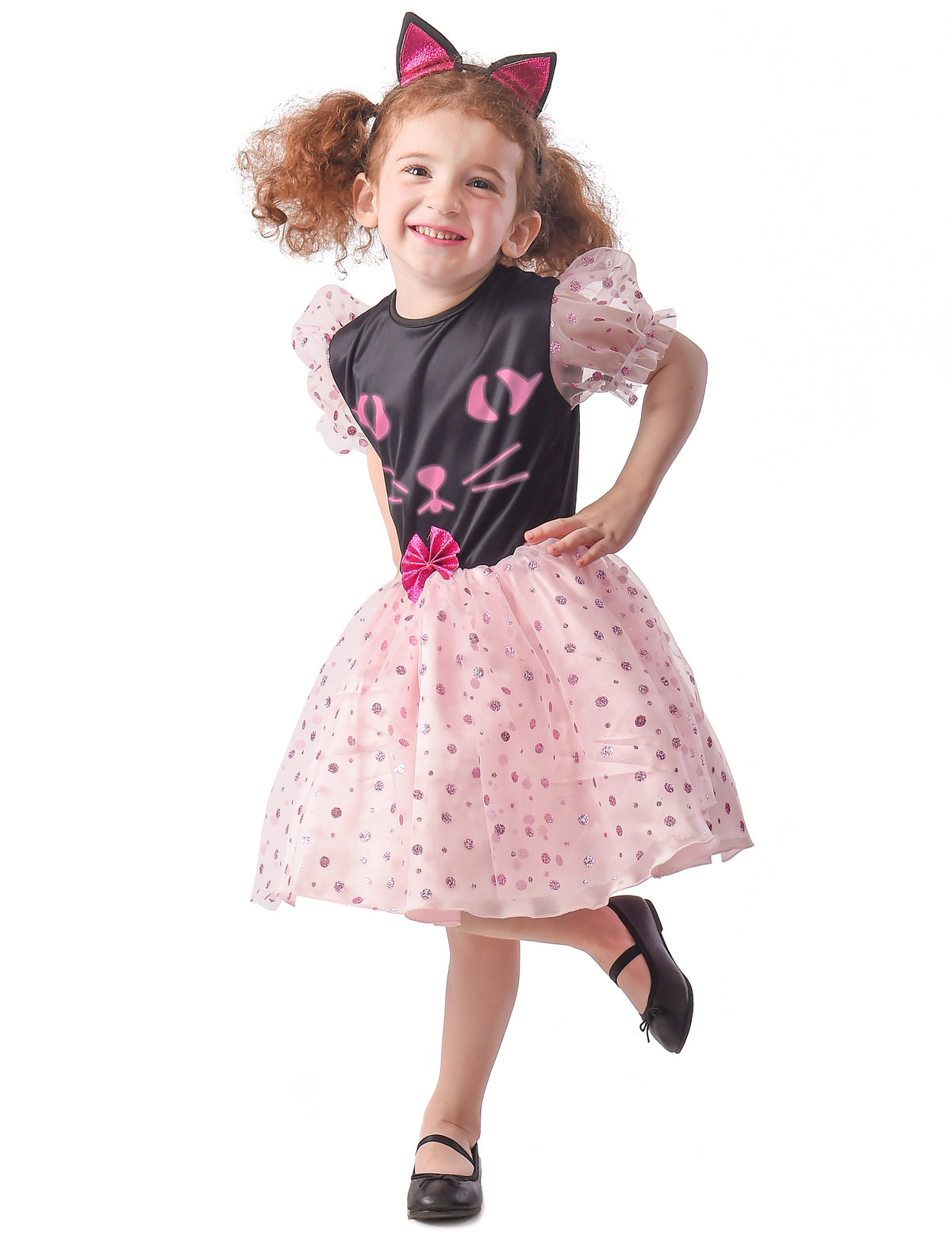 Déguisement robe chat pour fille rose et noir avec serre-tête oreilles