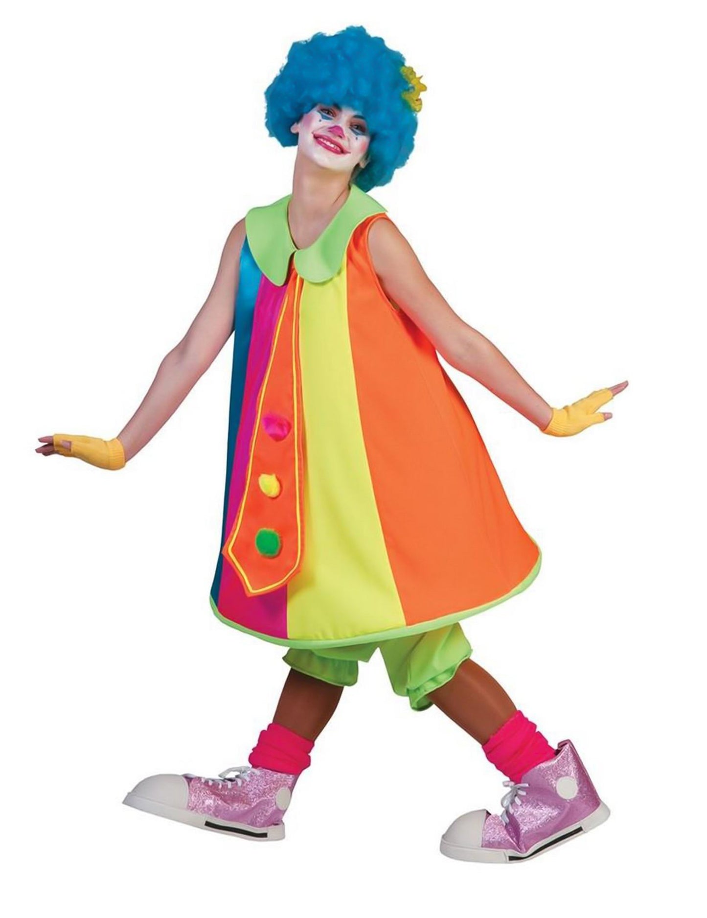 Déguisement robe clown fluo pour femme multicolore avec cravate