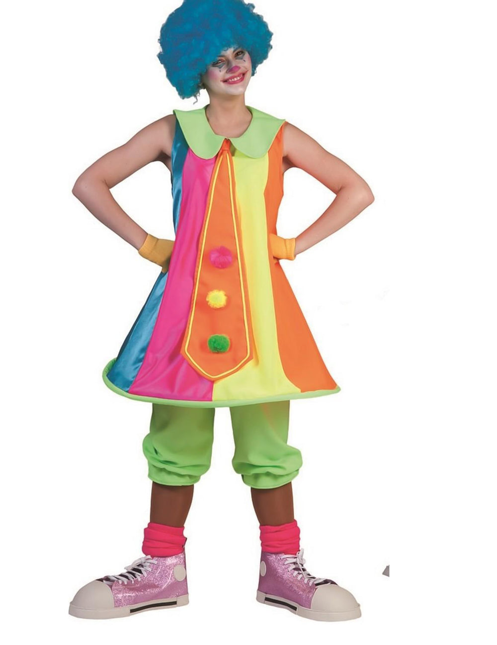 Vue d'ensemble du déguisement robe clown fluo pour femme