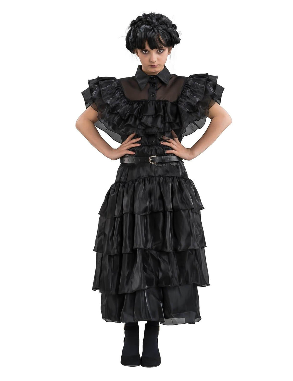 Déguisement robe de bal Mercredi Addams pour enfant noire à volants
