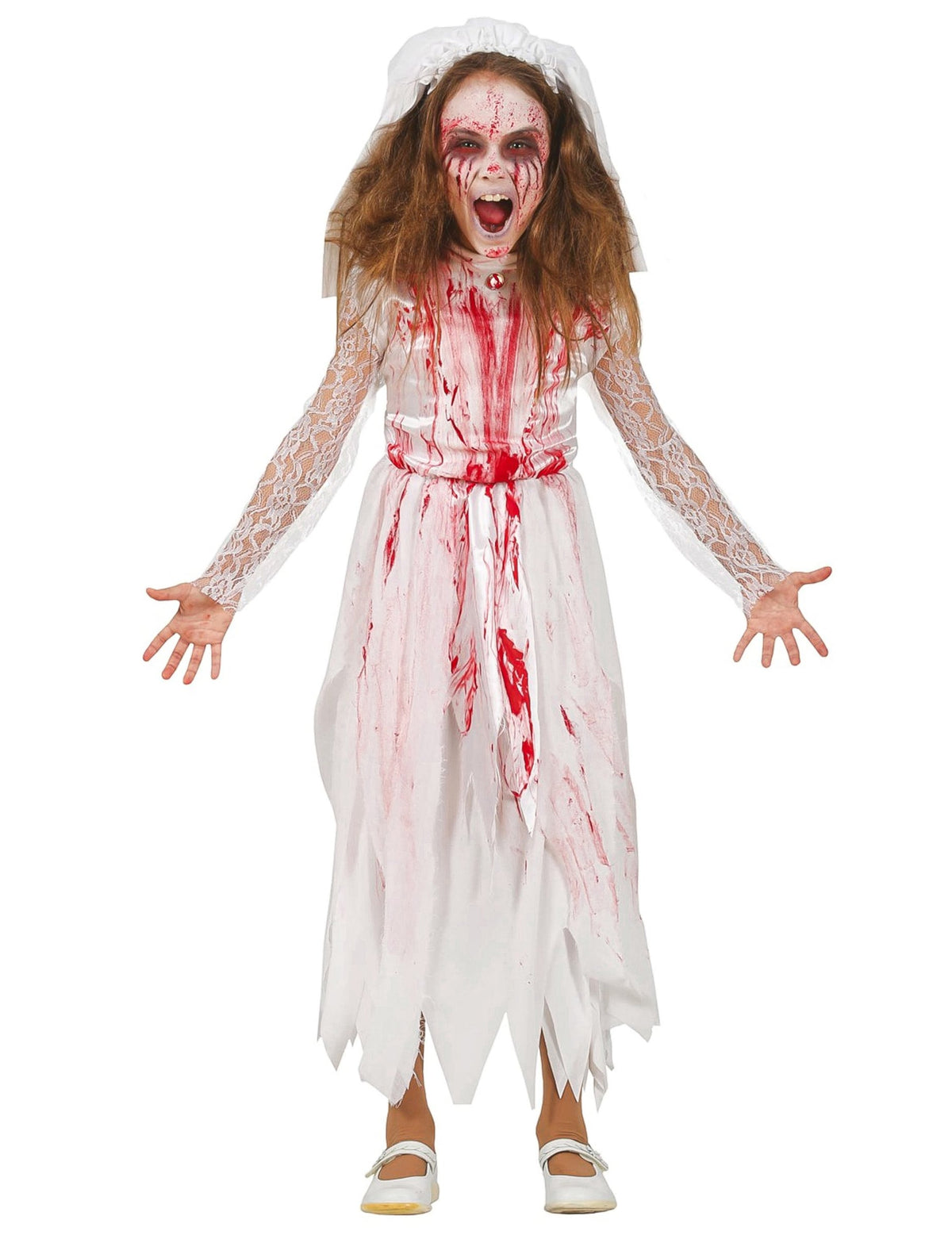 Déguisement robe de mariée sanglante pour fille blanche et rouge avec voile