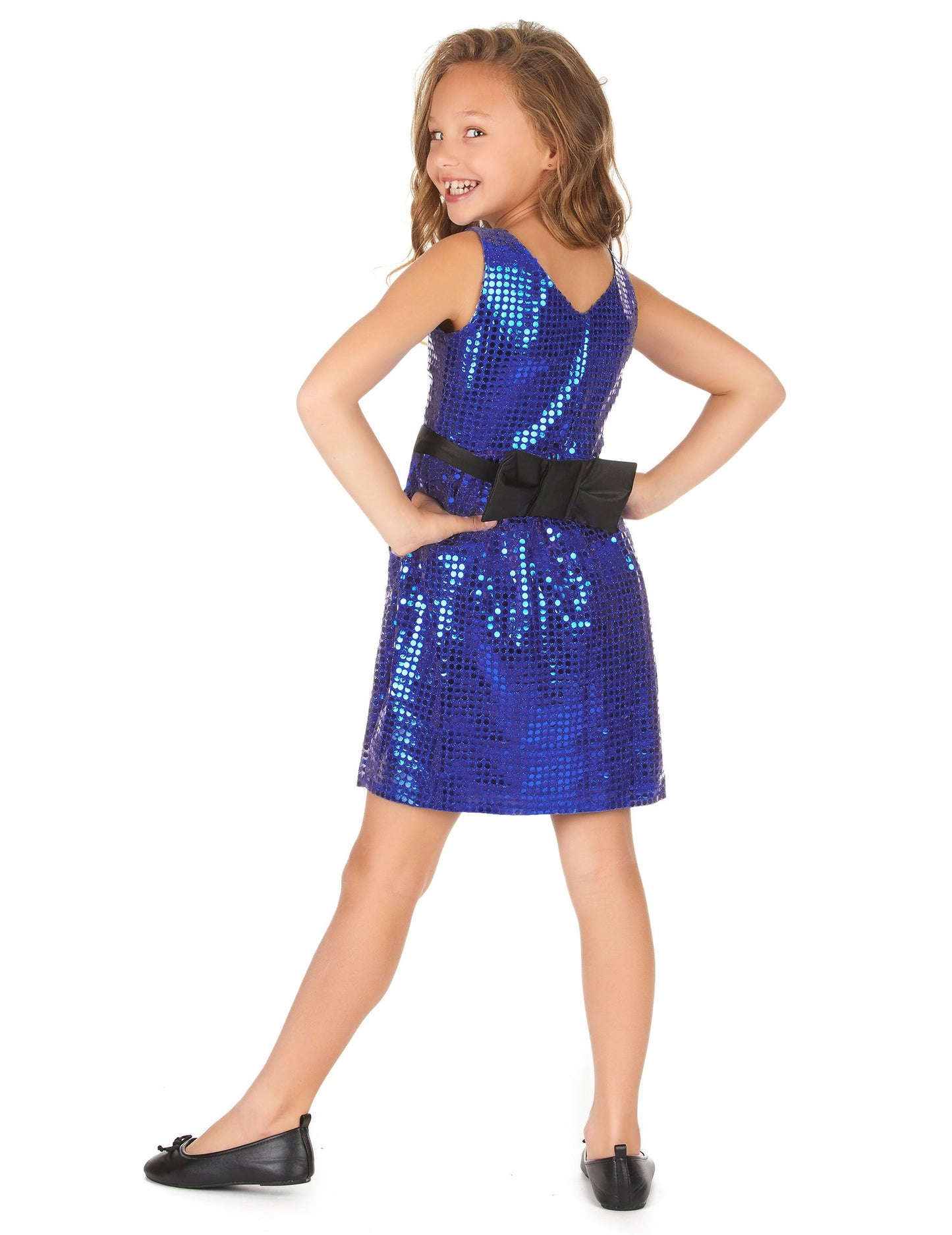 Blue Disco Disco Dress Paillet z velikim dekliškim vozlom