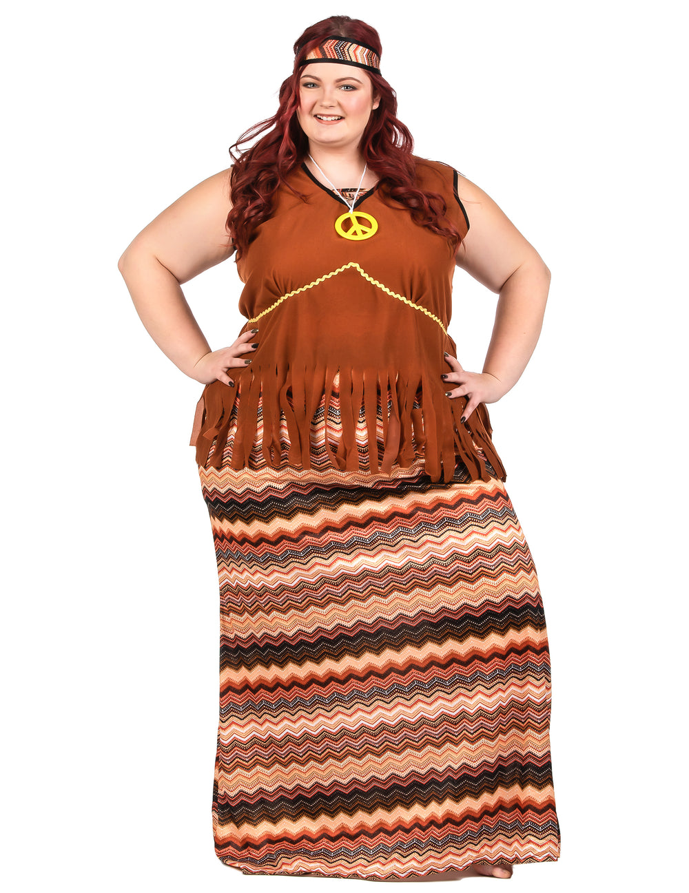 Déguisement robe hippie longue pour femme grande taille marron à motifs zigzags