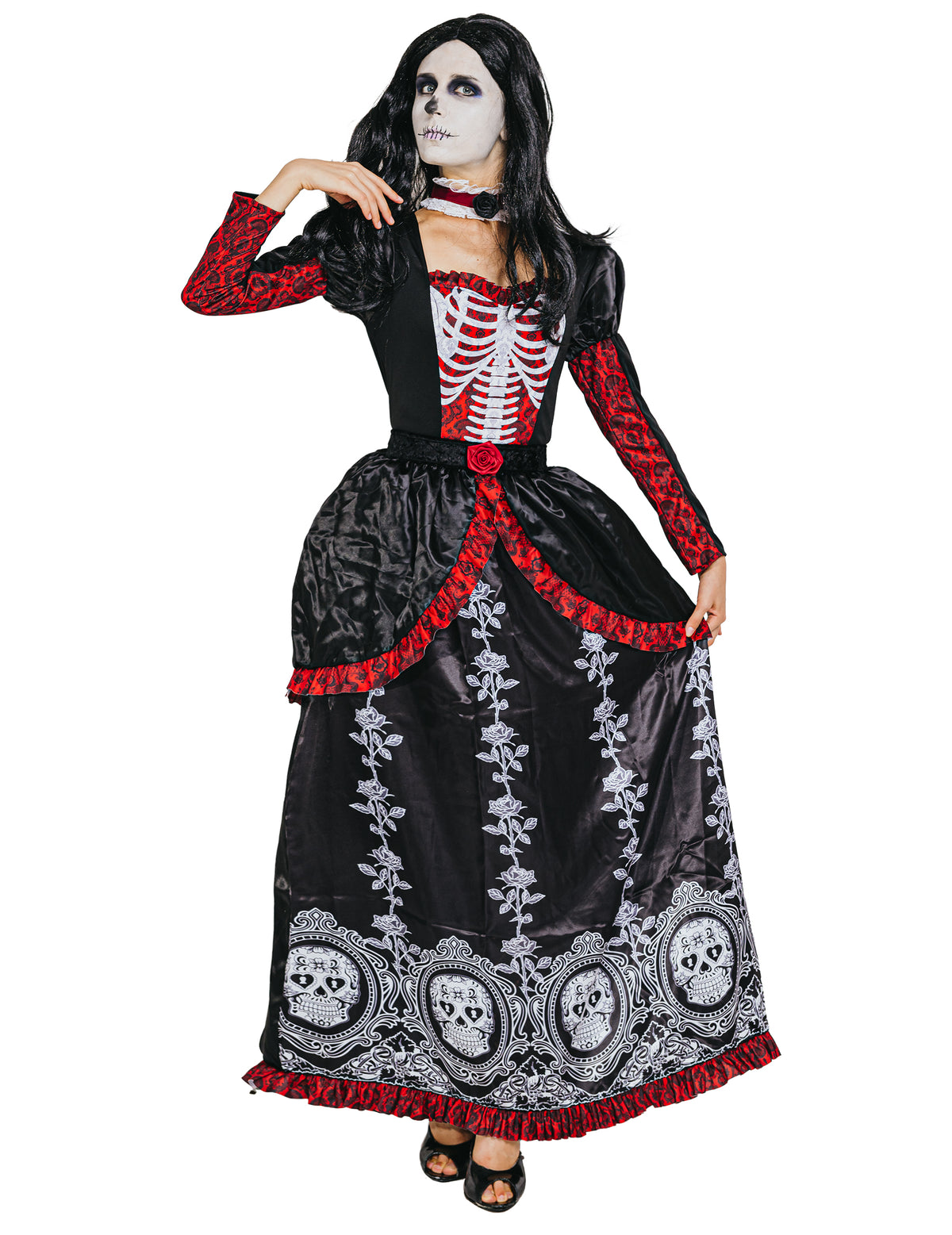 Déguisement robe longue Dia de los muertos pour femme noir et rouge avec imprimé squelette