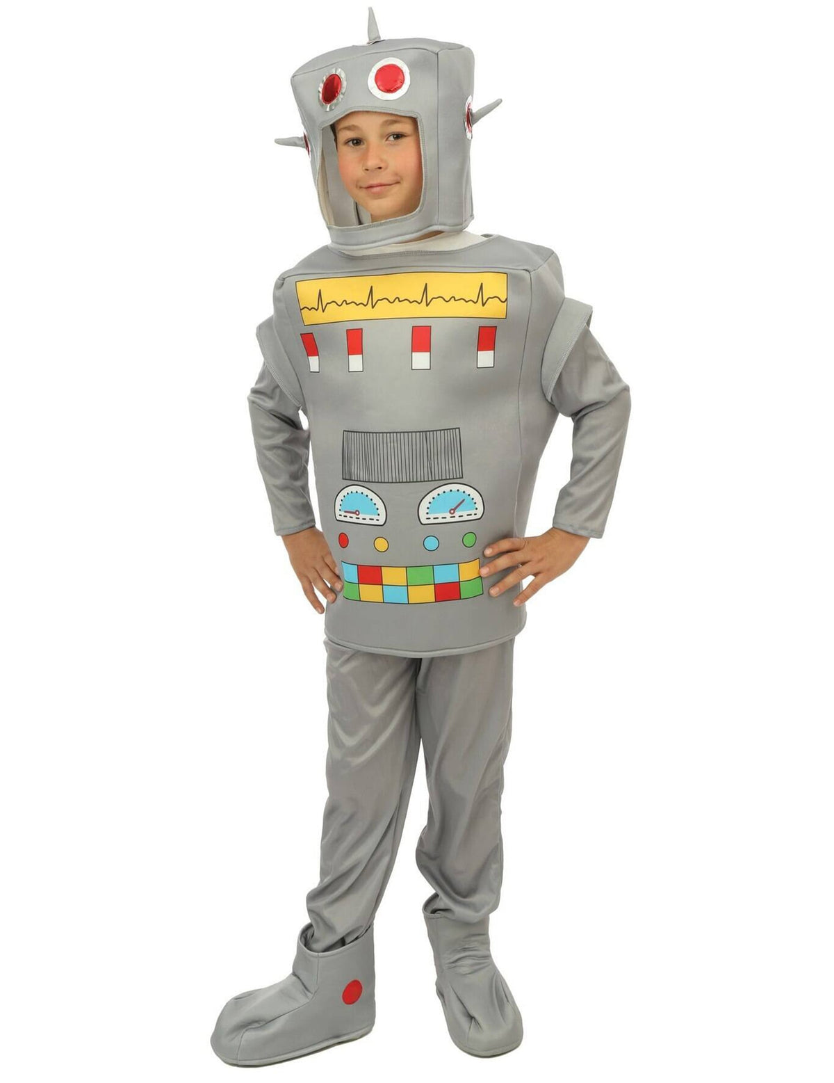 Déguisement de robot pour enfant gris avec détails multicolores et cagoule