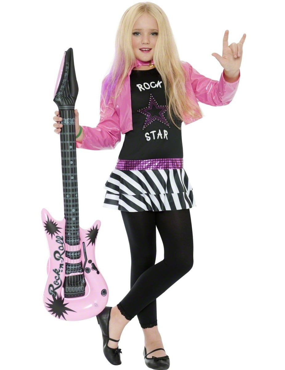 Déguisement rock star pour fille rose et noir avec guitare gonflable