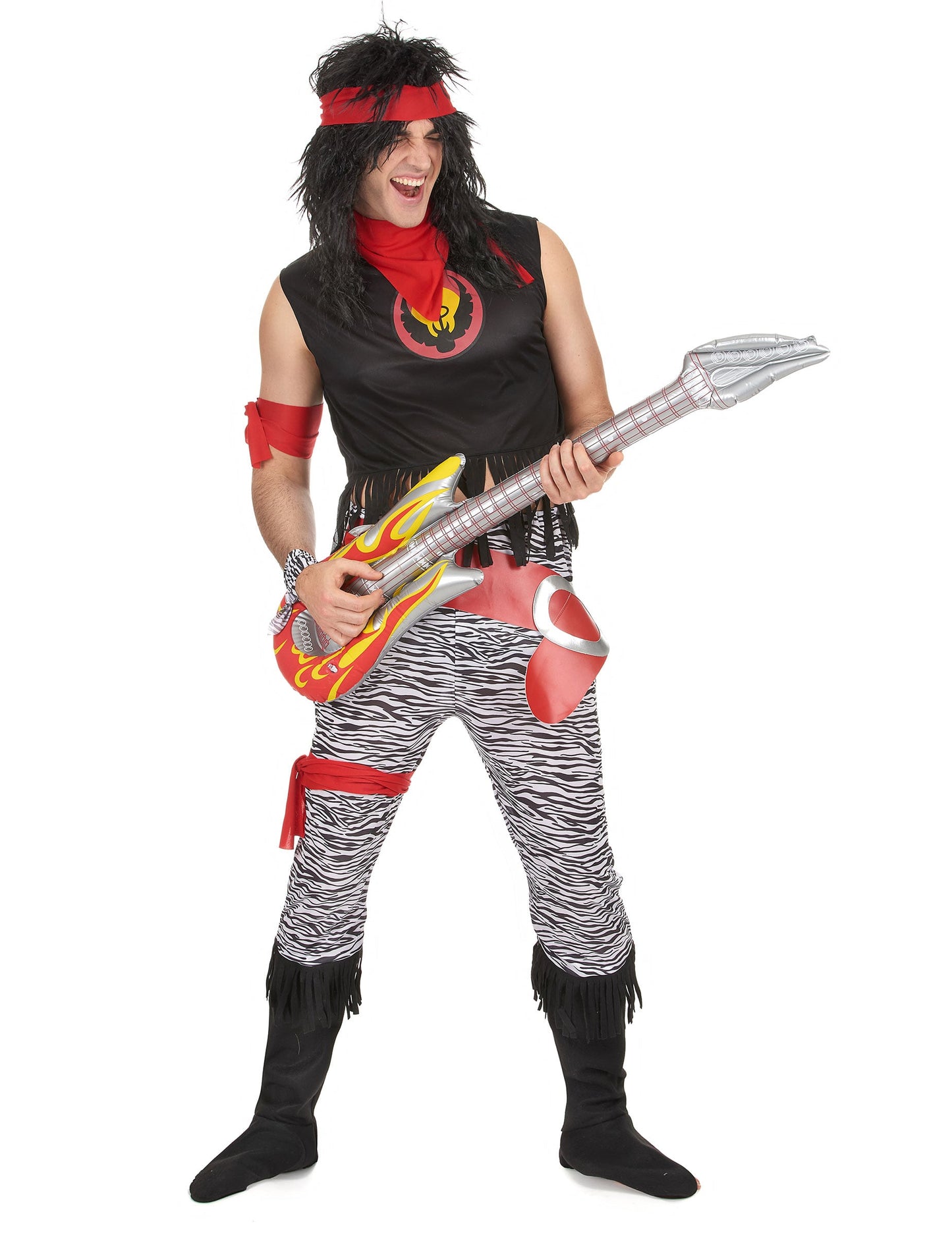 Déguisement rock star pour homme noir et rouge avec pantalon zébré et guitare gonflable