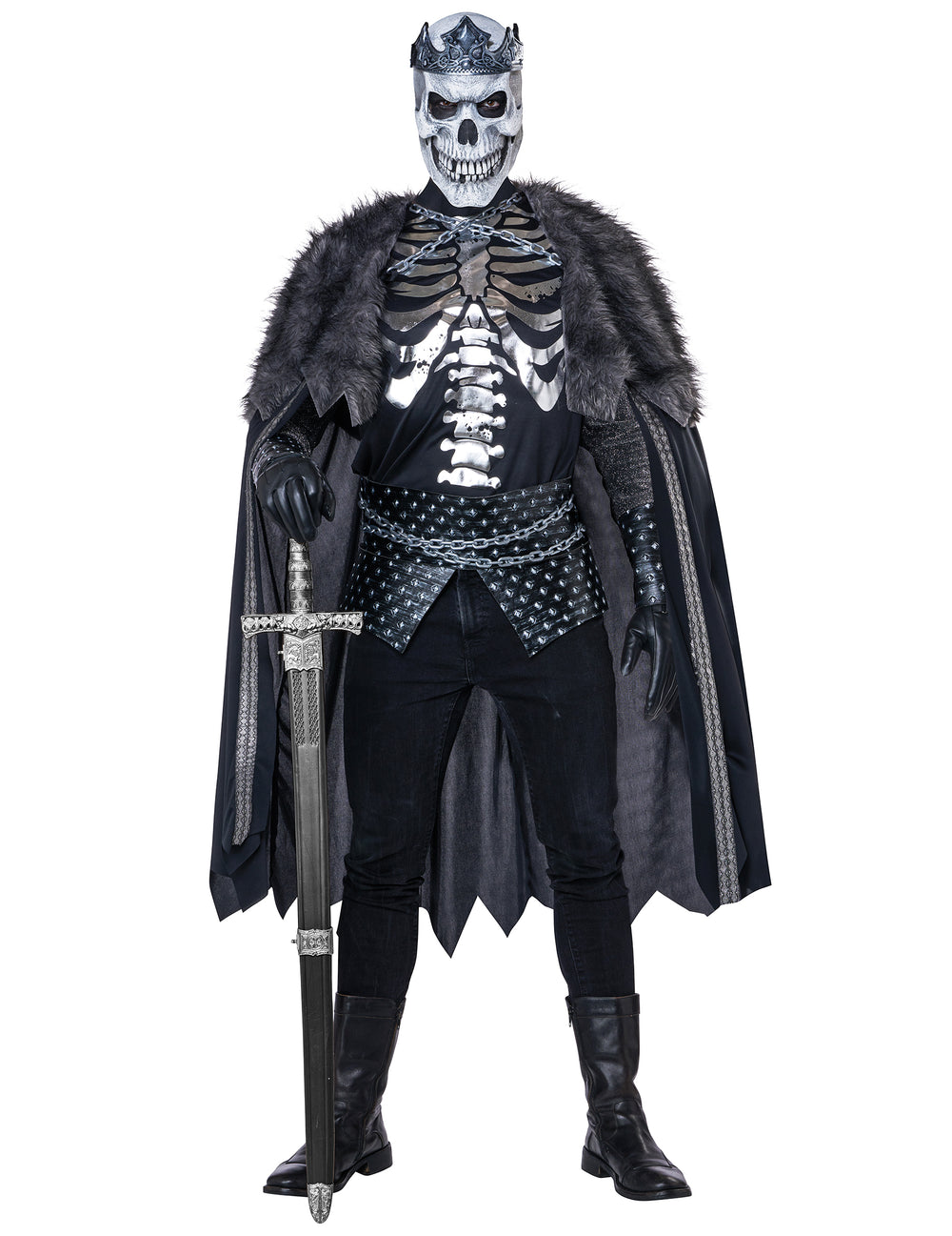 Déguisement roi des morts luxe pour adulte noir et gris avec cape en fourrure et masque squelette