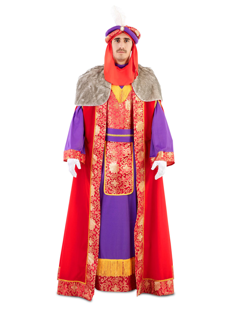 Déguisement de Roi Mage Balthazar pour adulte rouge et violet avec cape de fourrure