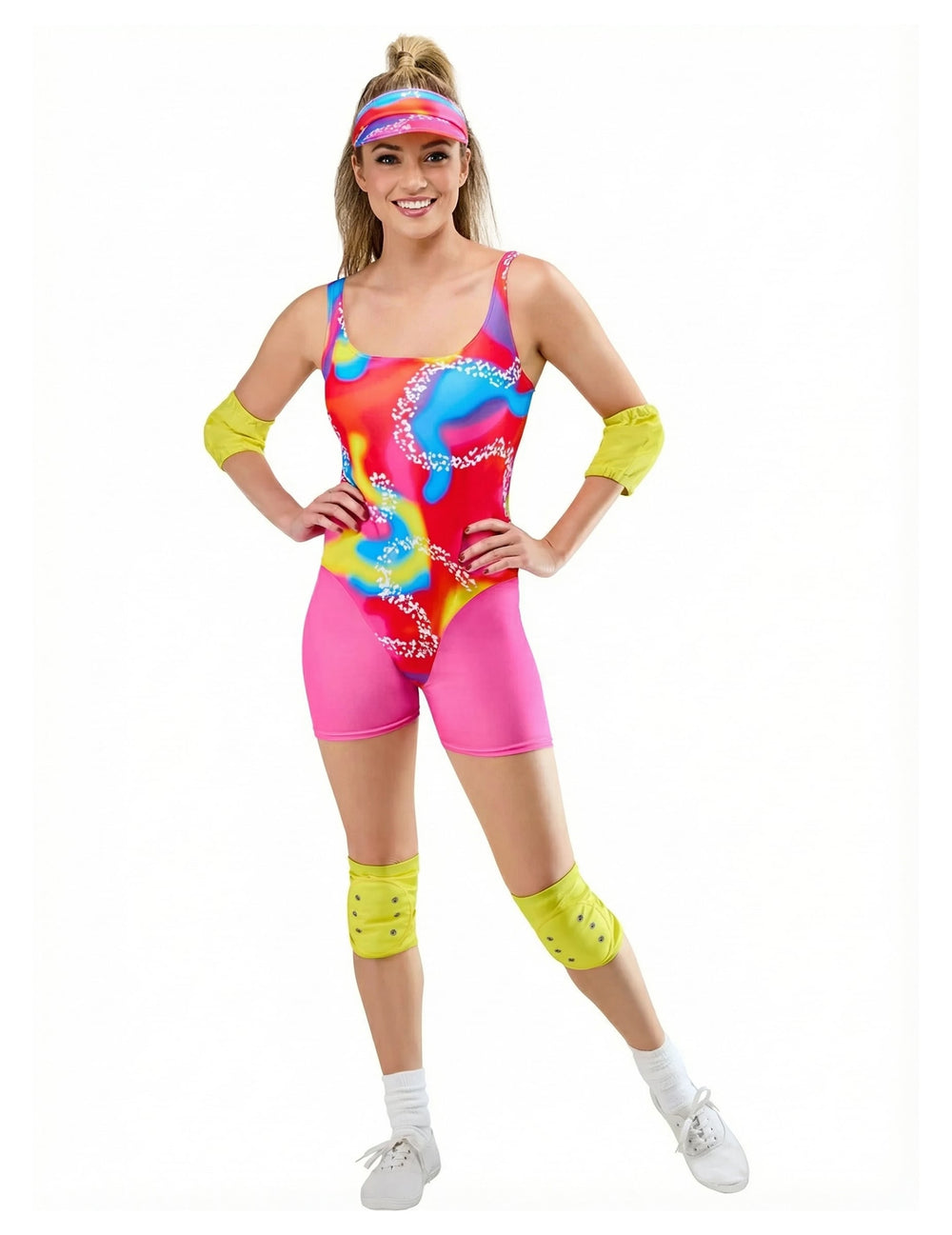 Déguisement roller Barbie™ pour femme rose et multicolore avec protections jaunes et visière