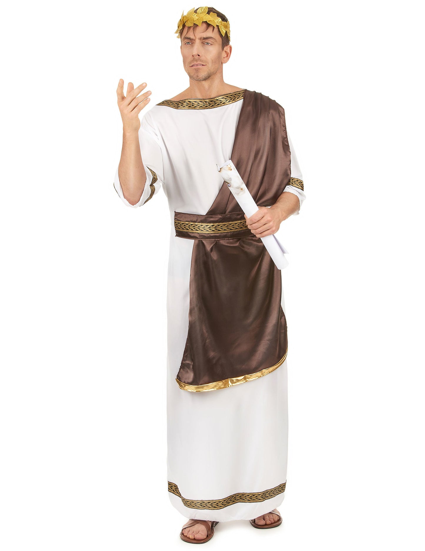 Rimska kostumacija za moške v beli in rjavi barvi z zlatim lovorovim vencem