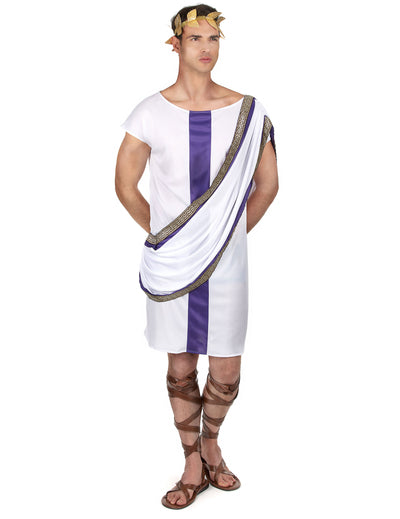 Déguisement romain pour homme blanc et violet avec couronne de laurier