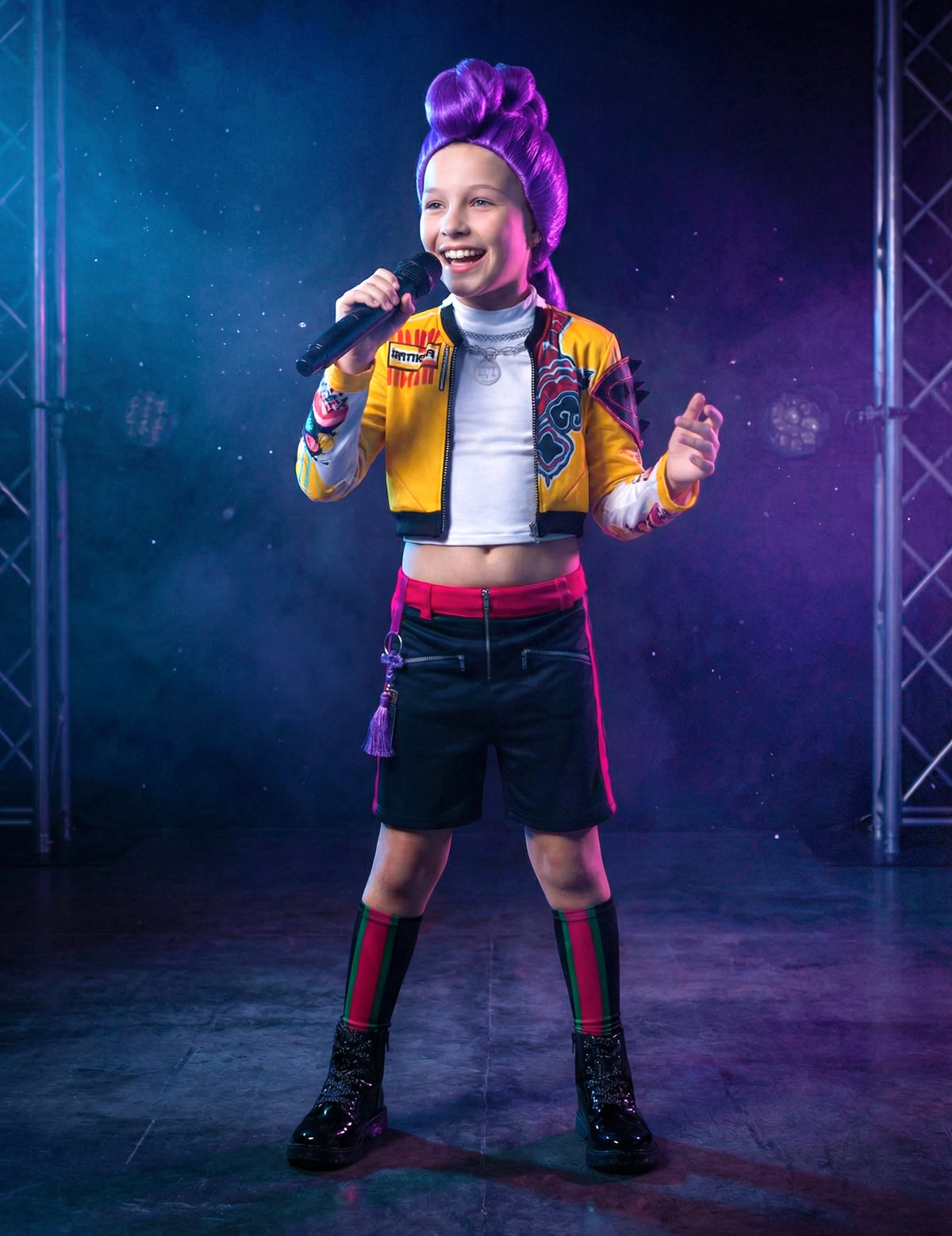 Déguisement Rumi Kpop Demon Hunter™ pour fille avec veste jaune et perruque violette