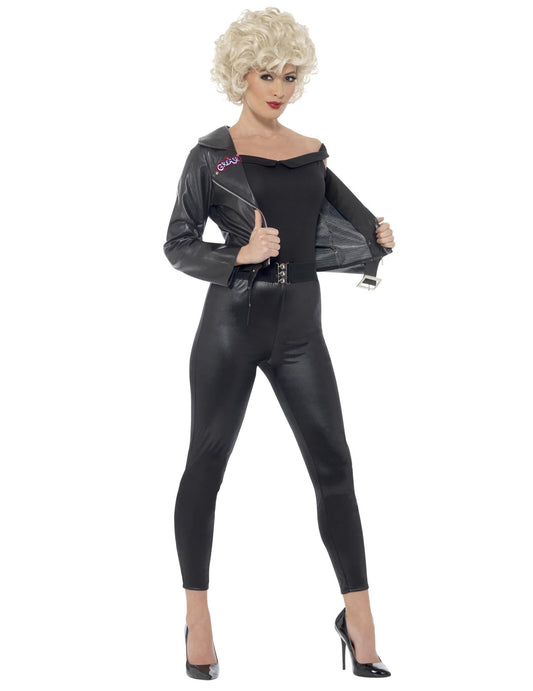 Déguisement Sandy Grease™ pour femme noir avec veste en simili cuir