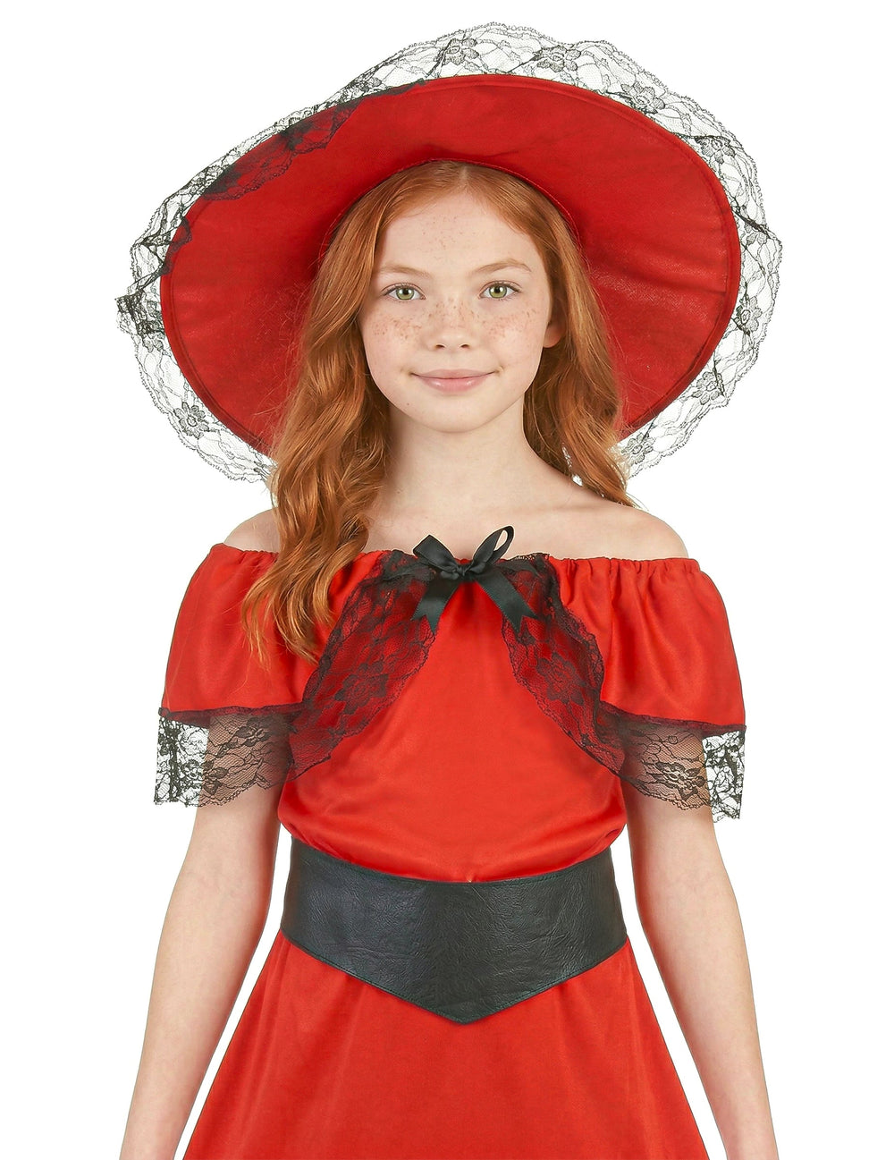 Gros plan sur le chapeau et le haut du déguisement Scarlett pour fille