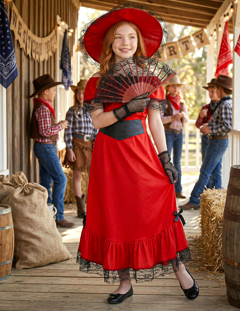 Éventail et gants en dentelle noire du déguisement Scarlett pour fille