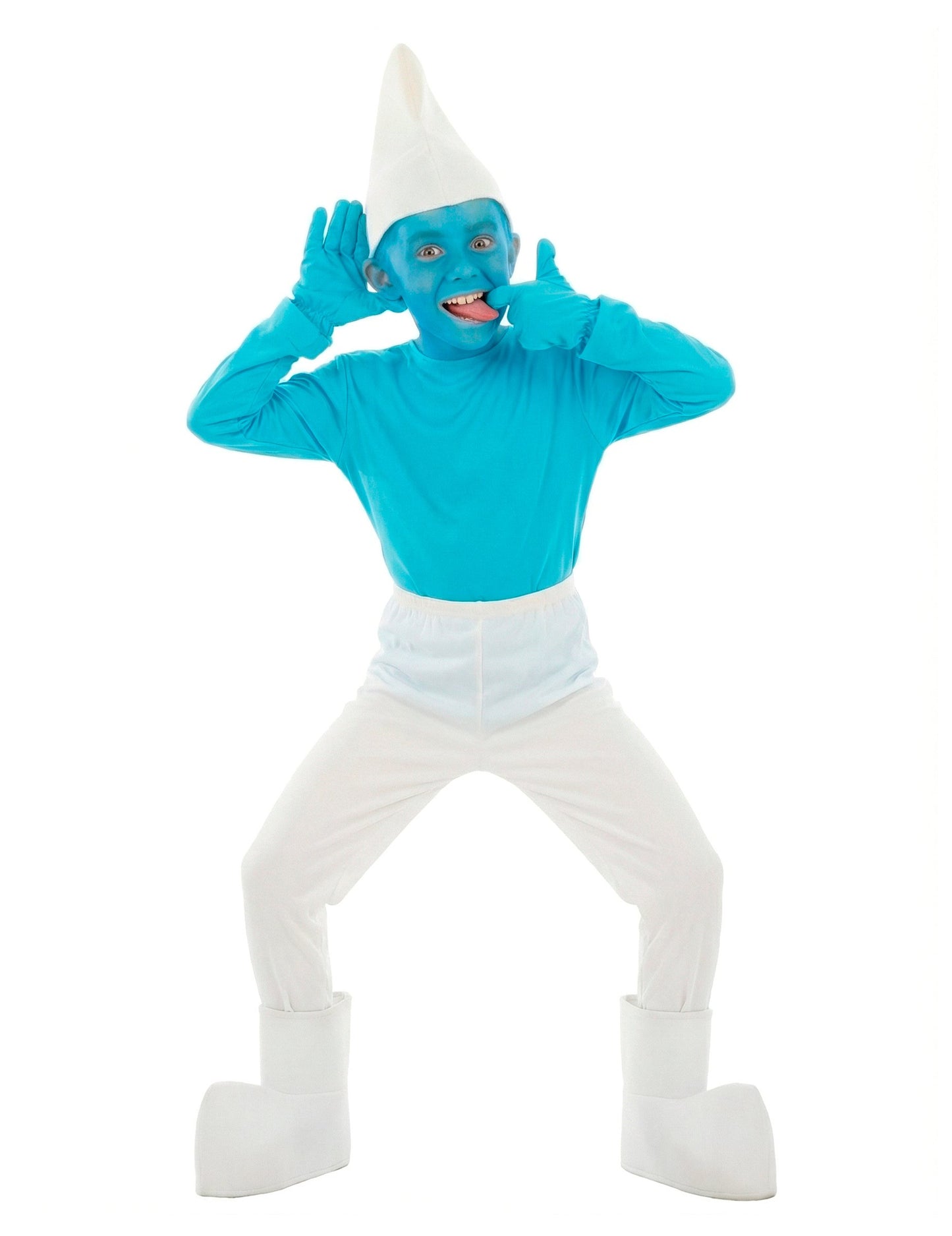 Vue de face avec pose amusante du déguisement Schtroumpf™ pour enfant