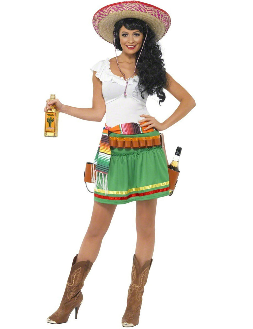 Déguisement de serveuse mexicaine pour femme blanc et vert avec sombrero