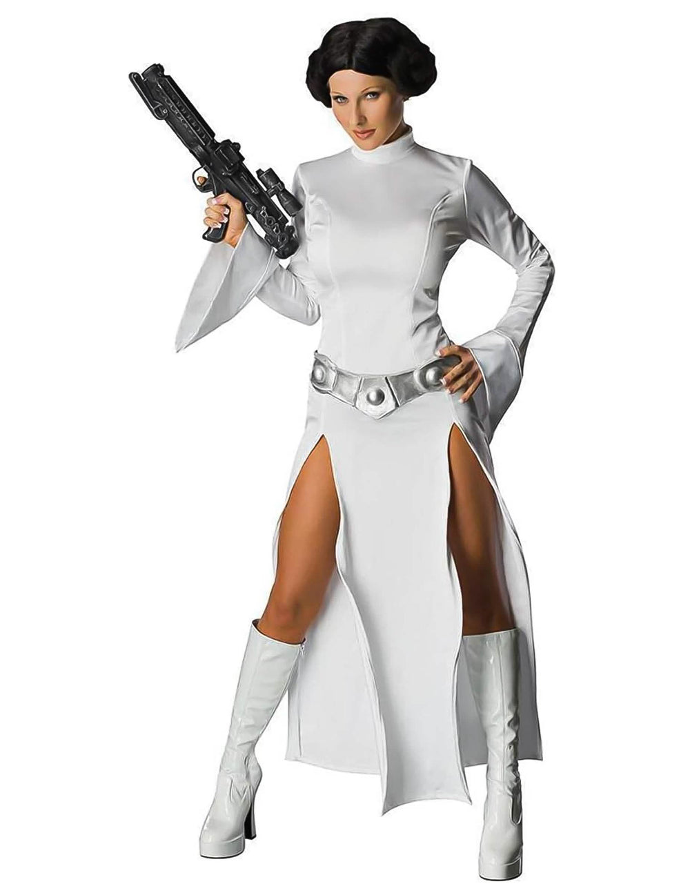 Sprednji pogled s blasterjem seksi kostuma princesa Leia Star Wars