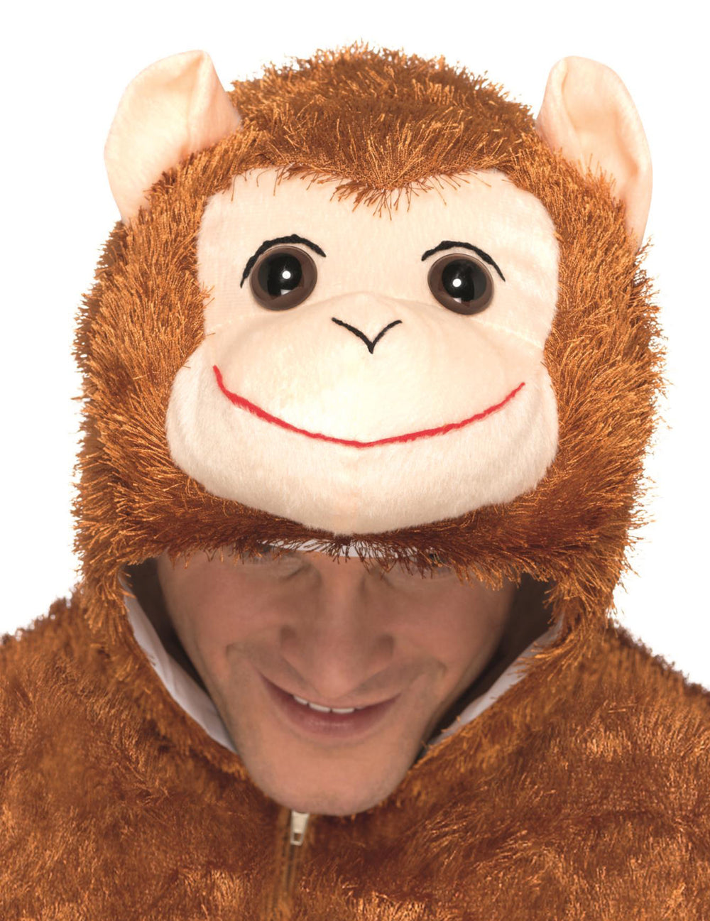 Gros plan sur la tête de singe de la capuche du déguisement de singe pour adulte