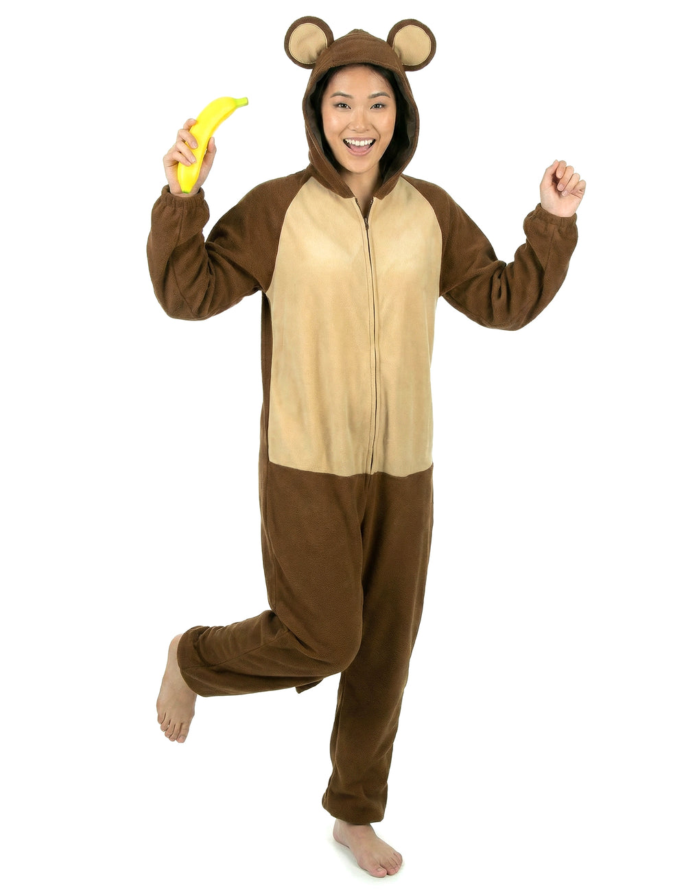 Déguisement de singe pour femme marron et beige avec capuche à oreilles