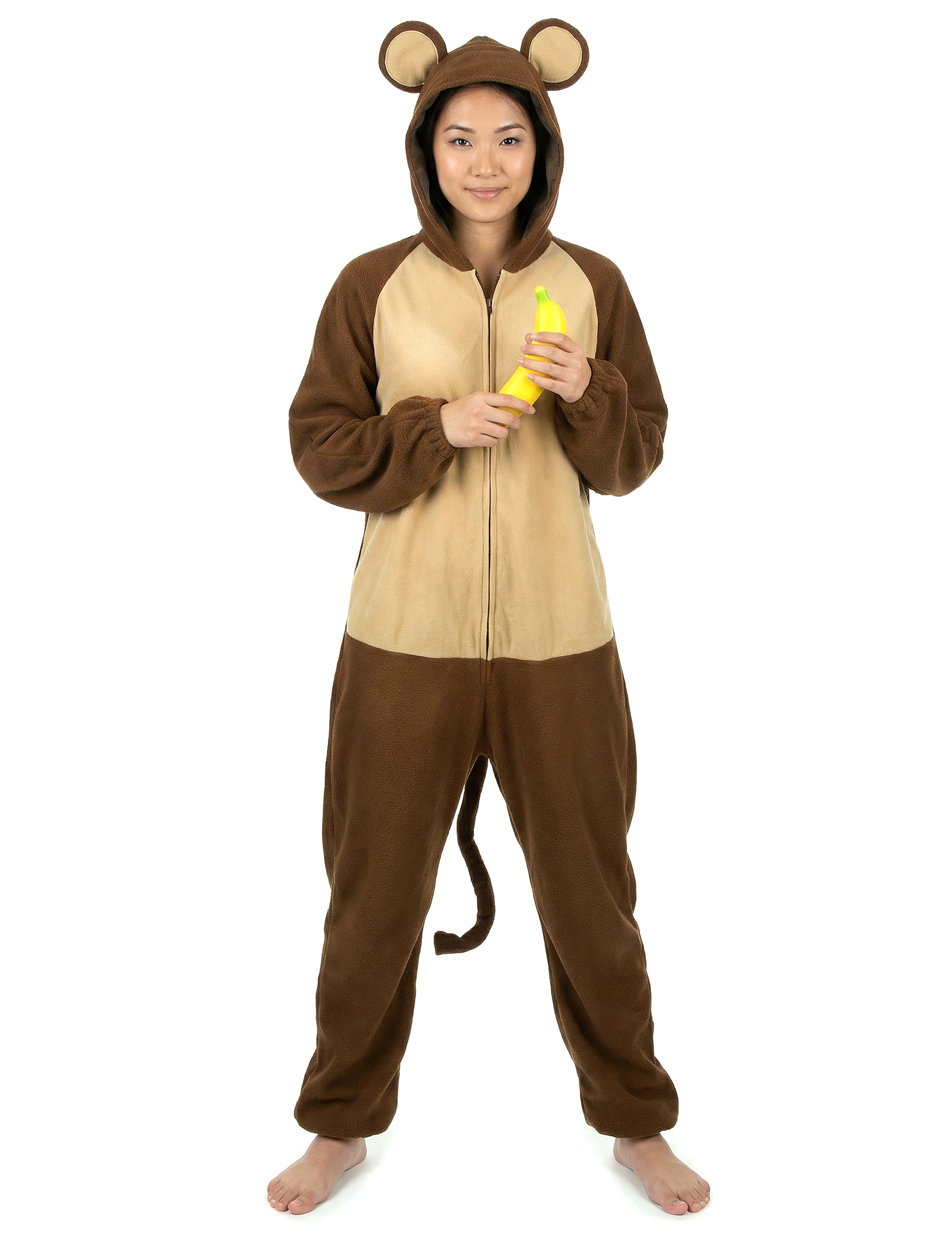Vue de face avec accessoire banane du déguisement de singe pour femme