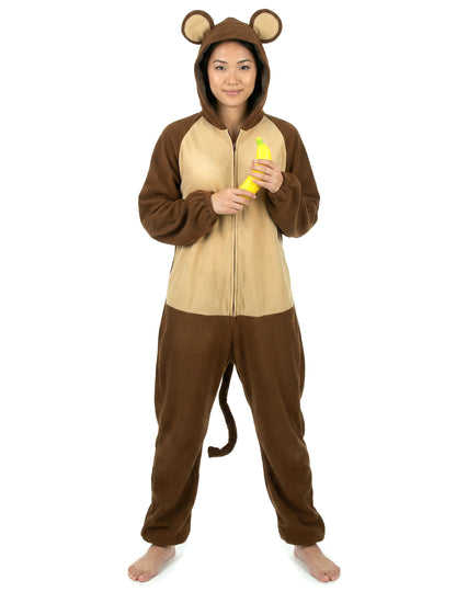 Vue de face avec accessoire banane du déguisement de singe pour femme