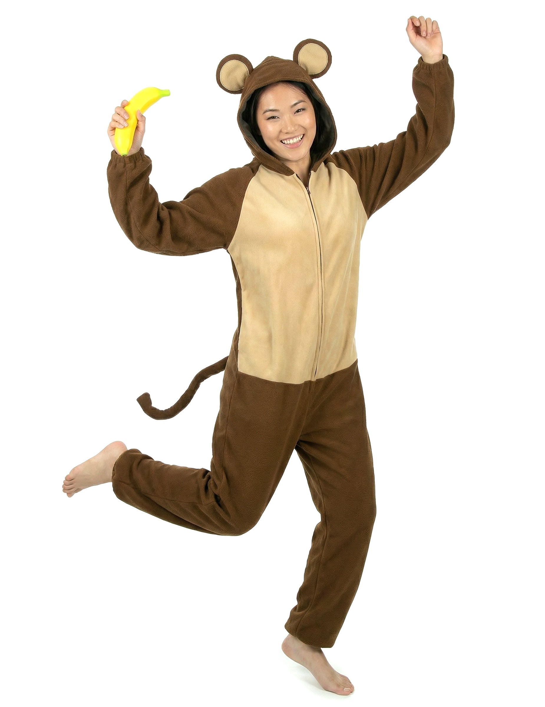 Vue de face en train de sauter du déguisement de singe pour femme