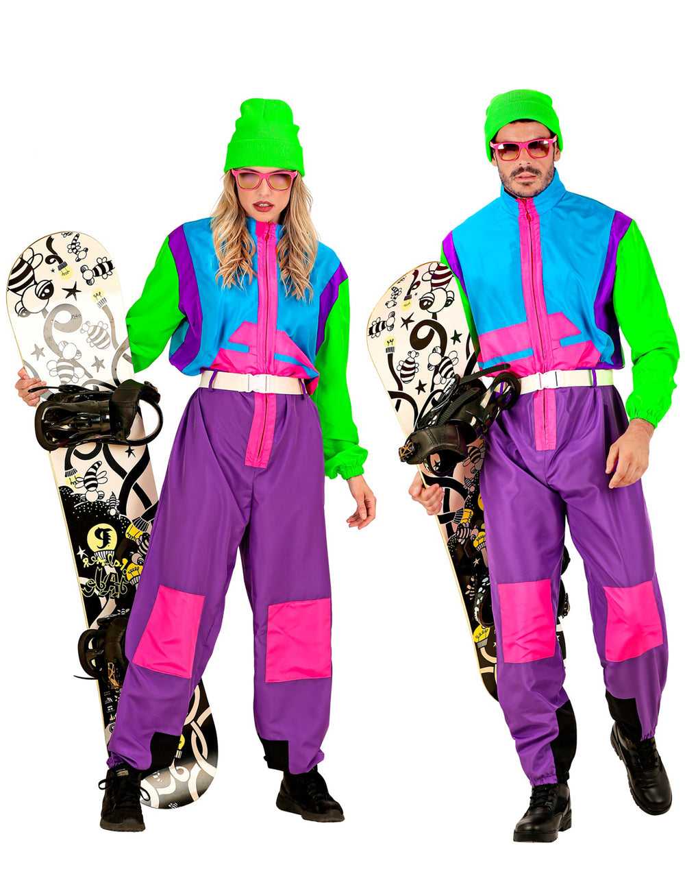 Duo homme et femme du déguisement snowboarder fluo pour adulte