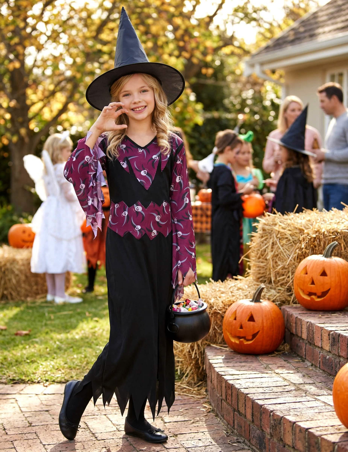 Prikaz za halloween preobleko čarovnice s klobukom za dekle