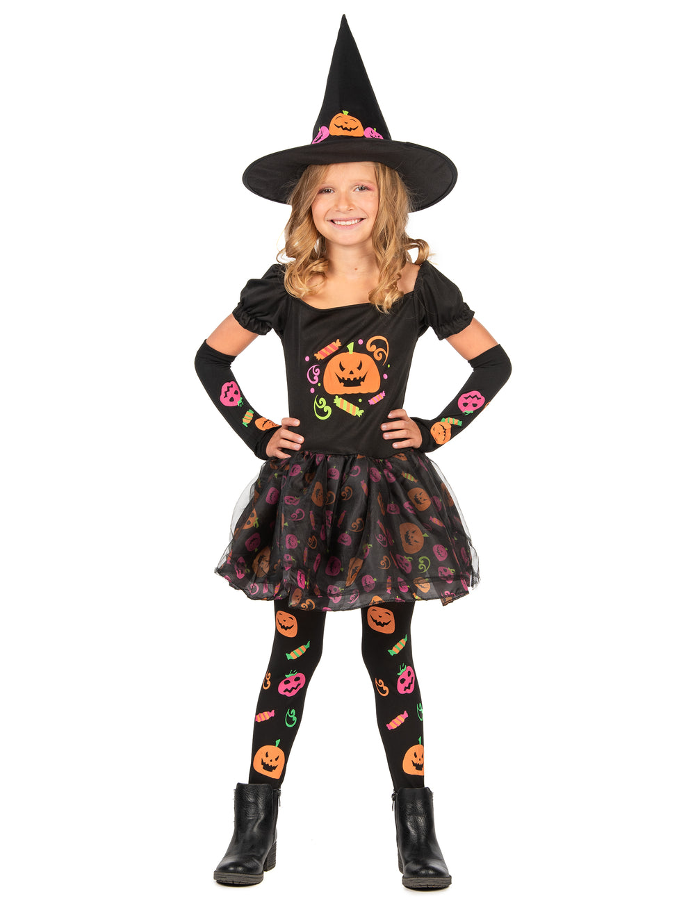 Déguisement de sorcière citrouille pour fille noir avec motifs orange et roses et chapeau pointu