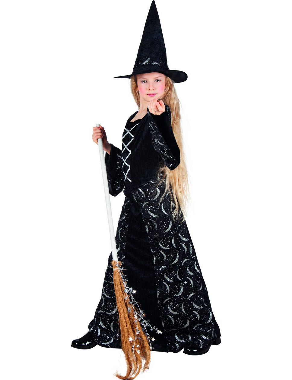 Déguisement de sorcière demi-lune pour fille noir et argent avec chapeau