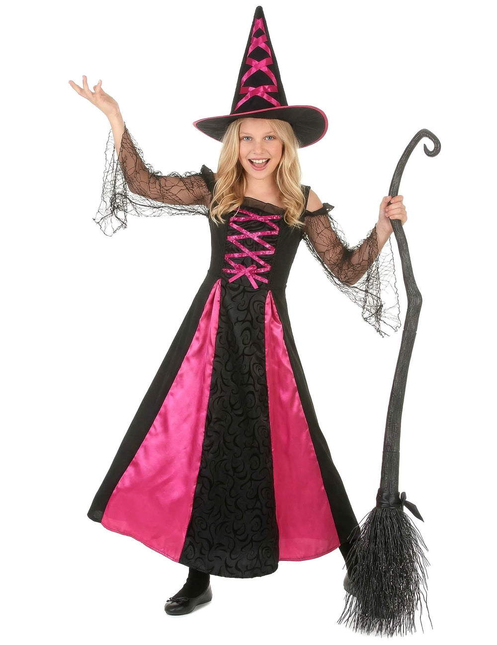 halloween kostum čarovnice z nazobčanimi robovi za dekle črna in roza z klobukom