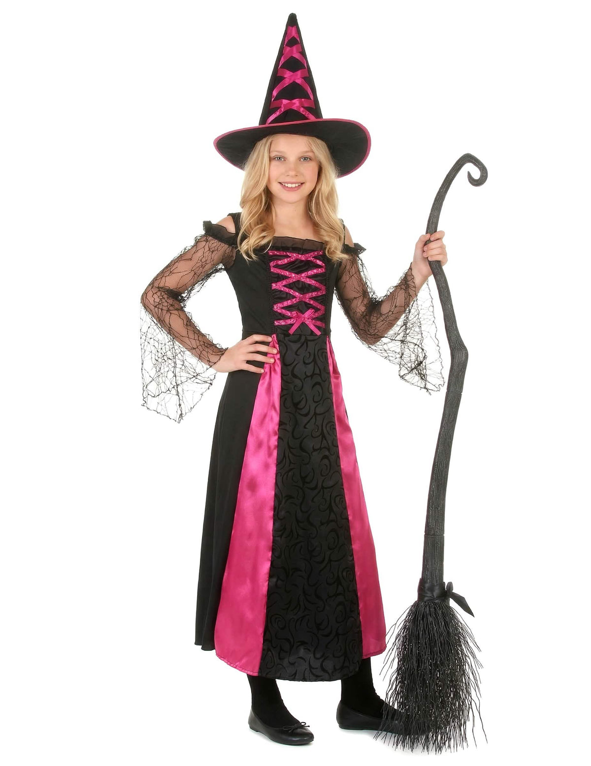 Spredaj s klobukom in metlo nazobčane čarovniške preobleke halloween