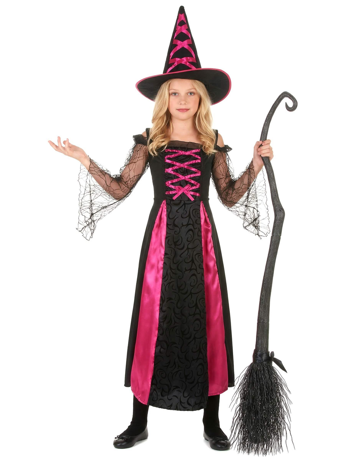 Pregled z klobukom in metlo nazobčane kostumirane čarovnice halloween