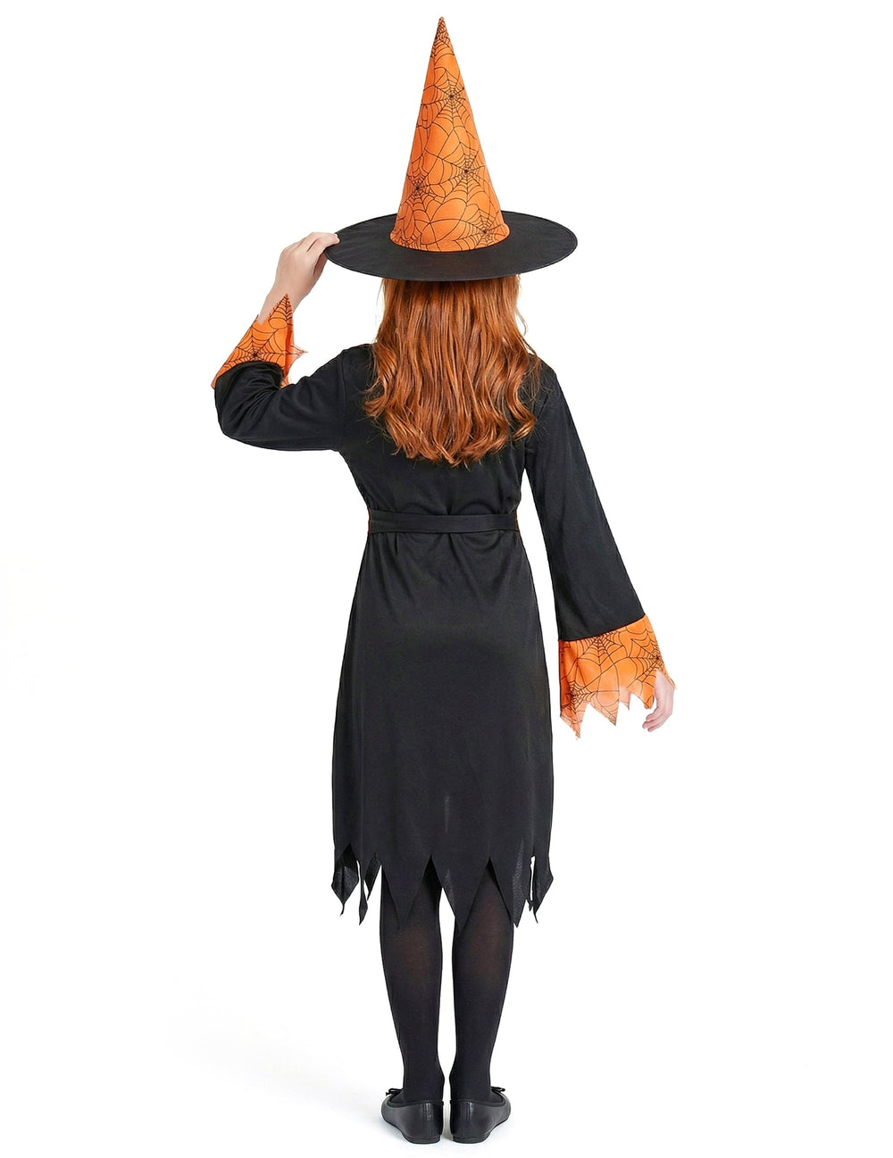 Déguisement de sorcière pour fille orange et noire avec chapeau à motifs toiles d'araignées