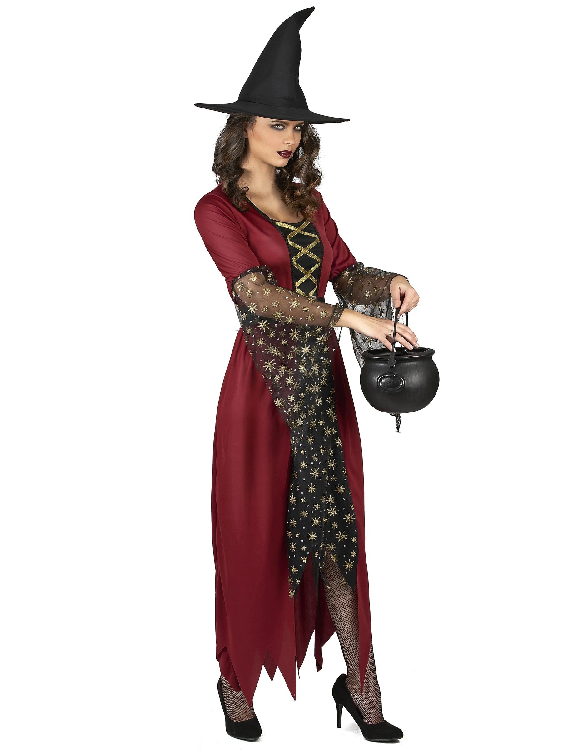 Vue de profil du déguisement de sorcière pour femme tenant un chaudron noir