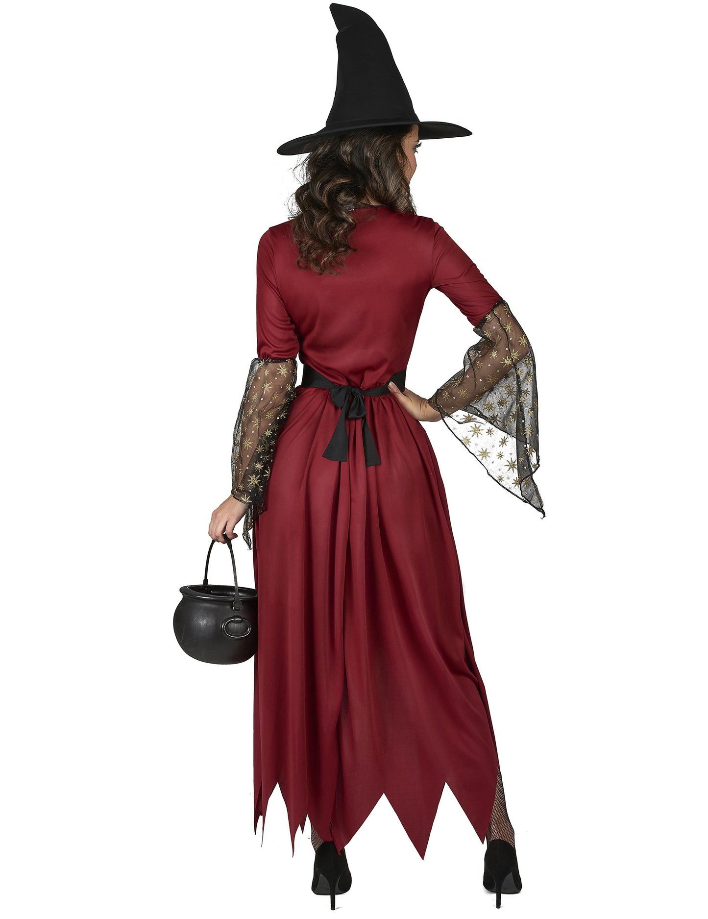 Vue de dos du déguisement de sorcière pour femme rouge et or