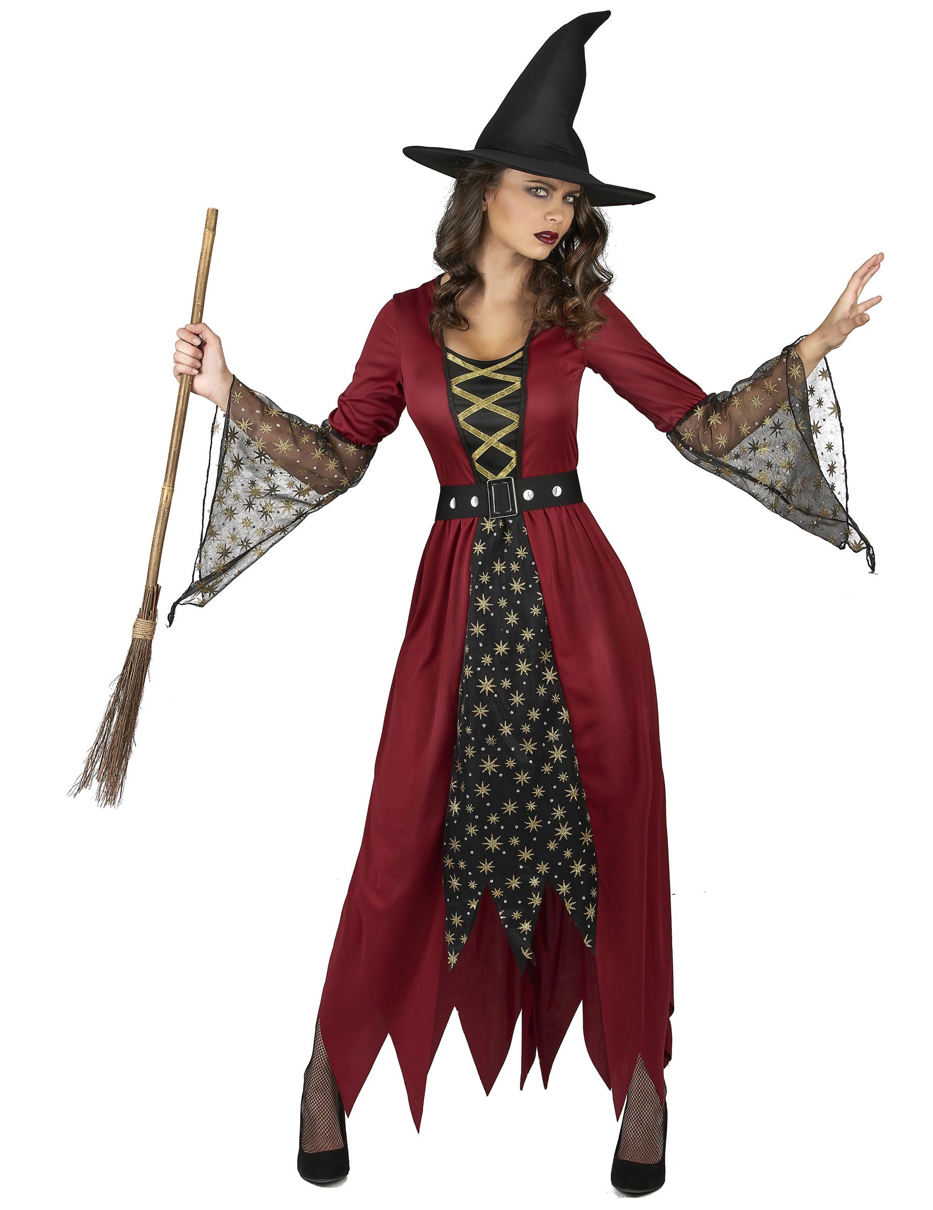 Déguisement de sorcière pour femme rouge et or avec chapeau pointu