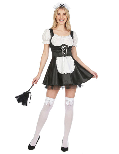 Déguisement soubrette pour femme noir et blanc avec serre-tête et plumeau