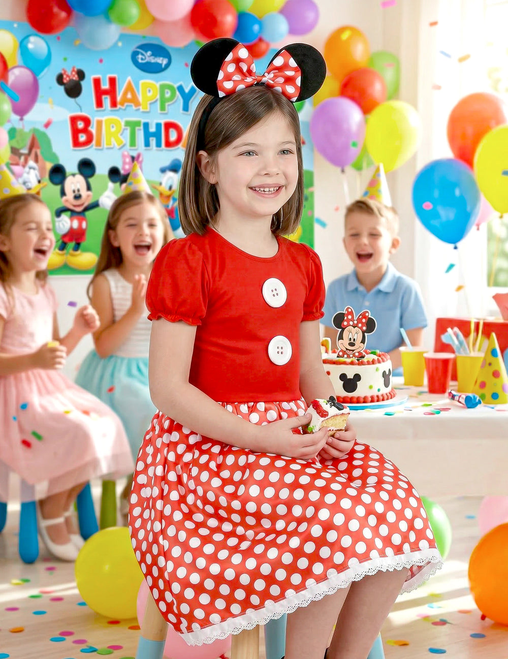 Mise en situation lors d'un anniversaire du déguisement de souris à pois blancs