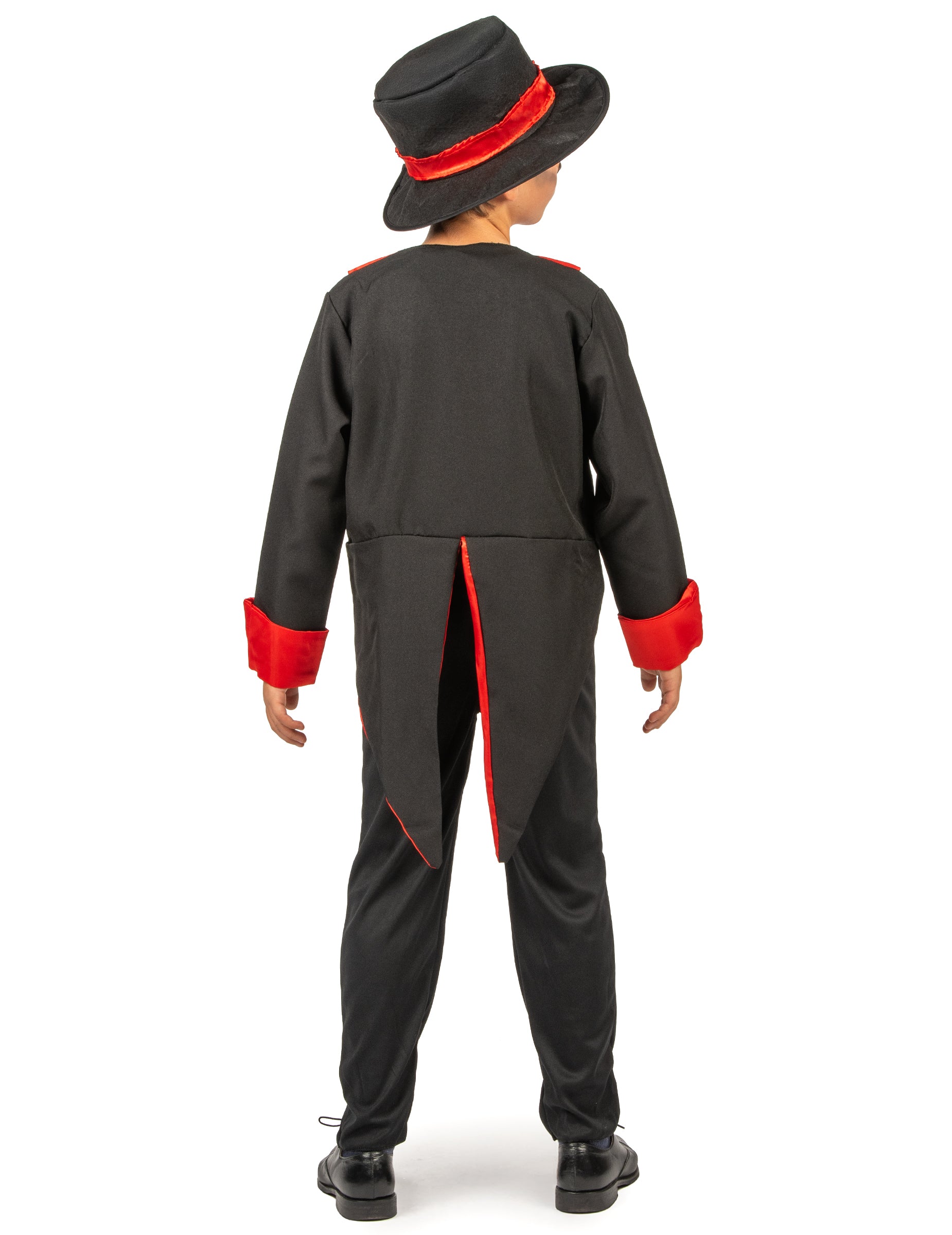 Déguisement de squelette chic pour garçon noir et rouge avec chapeau vue de dos