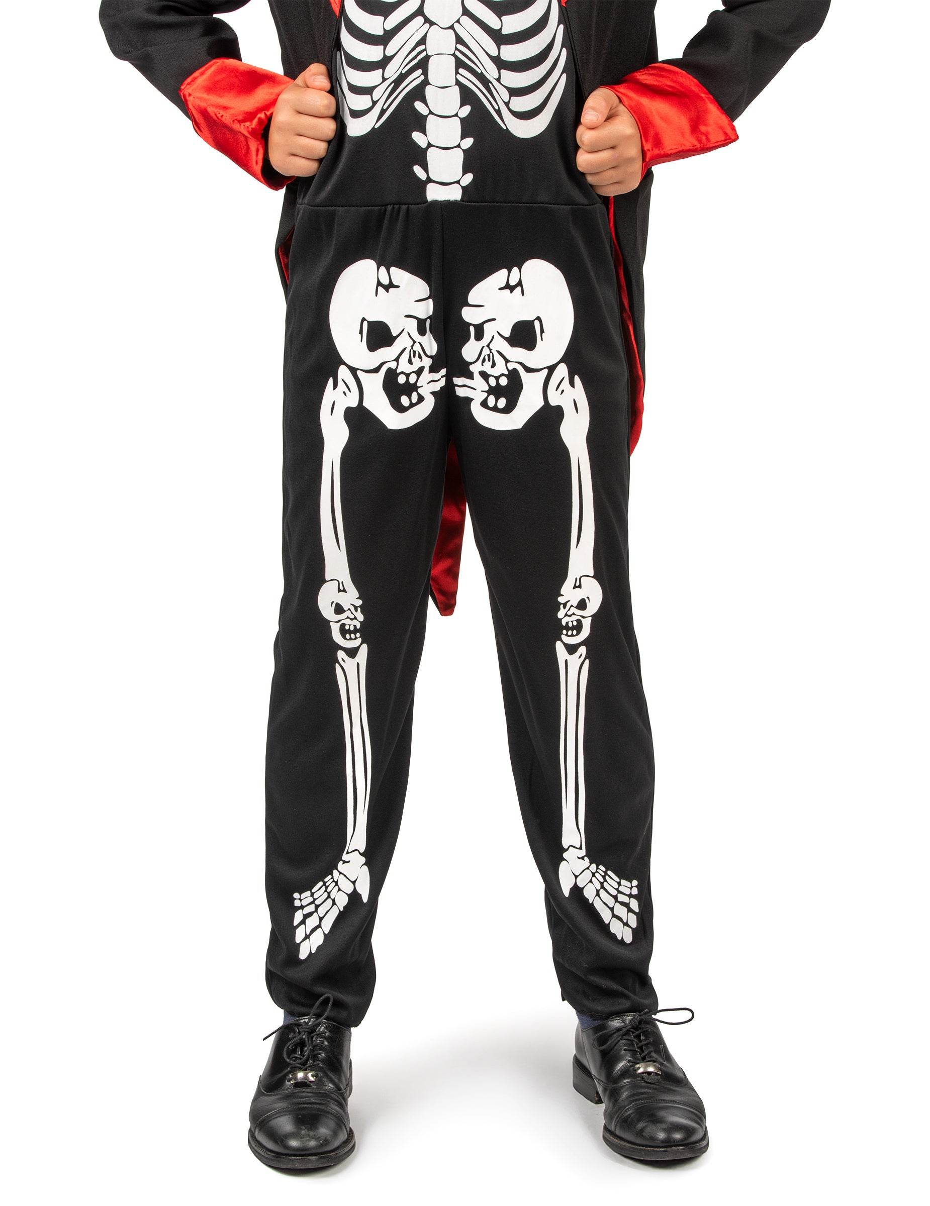 Détail du pantalon imprimé du déguisement de squelette chic